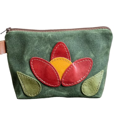 Leather Applique | Handmade Waxed Canvas Zipper Pouch | Blooming Flower 