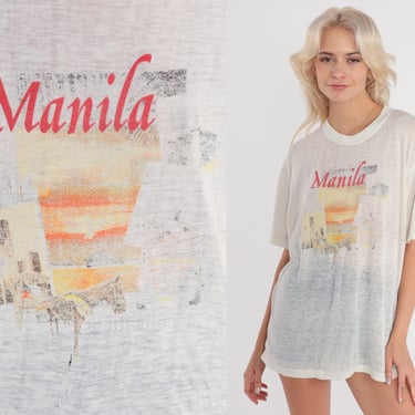 Manila Philippines Shirt 90s Paper Thin Burnout Graphic Tshirt Filipino Horse and Carriage T Shirt Vintage 1990s Tee Sheer Oversized Large L 