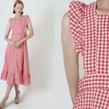 Red Checkered Gingham Pinafore / 70s Country Apron Dress / Americana Prairie Cross Back Sundress 