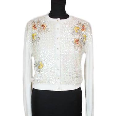 1950s Cardigan ~ Embroidered and Sequin White Acrylic Sweater 