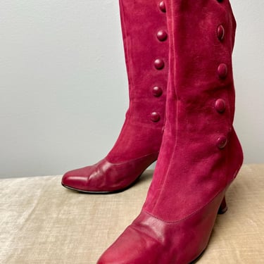 Vintage Magenta Pink Boots~ Victorian inspired style Italy 1990’s Suede & leather decorative buttons above the ankle / size US 7.5-8 