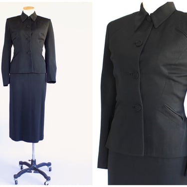 1940s Gabardine Wool Noir Skirt Suit by Carolyn Kelsey - Vintage 40s Tailored Jet Black Ladies Two Piece Skirt and Jacket Set 