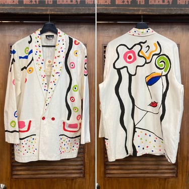 Vintage 1980’s Art Print  New Wave Rhinestone Detail Cotton Face Blazer Jacket, 80’s Vintage Clothing 