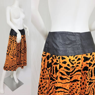 1980's Black Leather Peplum Waist Silk Animal Print Skirt I Tiger Print I Sz Sm 