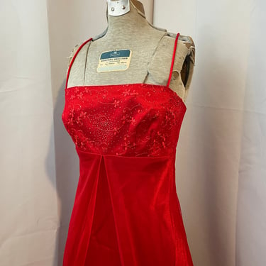 Red Satin Formal Gown Dress Embroidered y2k Vintage Empire S 