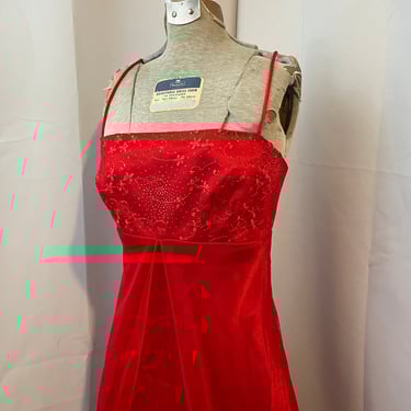Red Satin Formal Gown Dress Embroidered y2k Vintage Empire S 