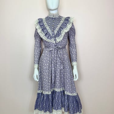 Vtg 70s cotton floral cottagecore prairie lace dress S/M like Gunne Sax 