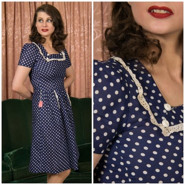 1930s Dress - NOS 1930s Navy Blue and White Polka Dot Day Dress with Lace Trim XS Petite 