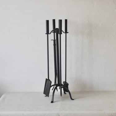 George Nelson Style Vintage Mid-Century Black Iron Fireplace Tool Set with Stand 