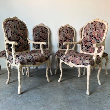 Hollywood Regency Carved Wood Dining Chairs Serge Roche - Style Set of 6 