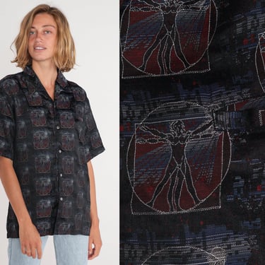 Vitruvian Man Shirt 90s Button Up Shirt Leonardo Da Vinci Art Print Retro Statement Short Sleeve Collared Novelty Vintage 1990s Mens Medium 