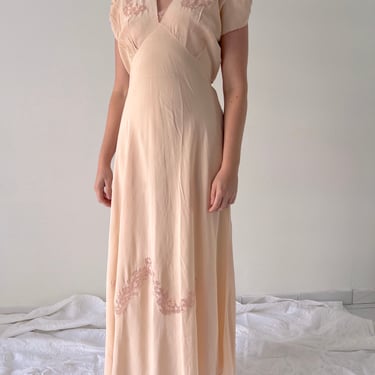 Handmade 1930's Pink Silk Slip with Cap Sleeve and Floral Inserts