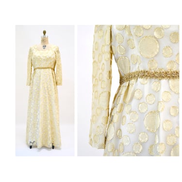 60s 70s Vintage Metallic Gold Polka Dot Dress Gown Medium Large Gold White Metallic 70s Disco Party Wedding Dress Long Sleeves Size Large 
