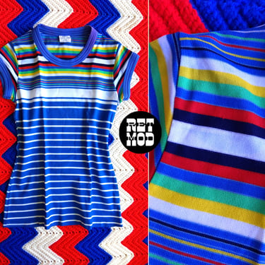 Fun Vintage 70s Blue Colorful Stripe Stretch Nylon Shirt - As is 