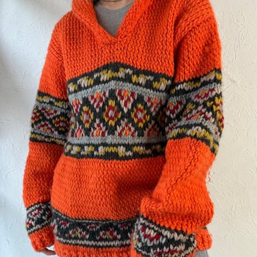 Vintage Hand Knit Orange Sweater / Large 