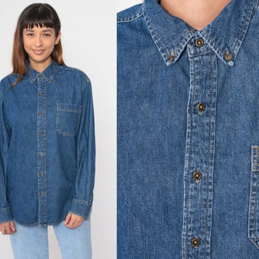 90s Denim Shirt Dark Blue Route 66 Jean Button Up Blue Long Sleeve Shirt Chambray Chest Pocket Cotton Vintage 1990s Oversized Men's Medium 