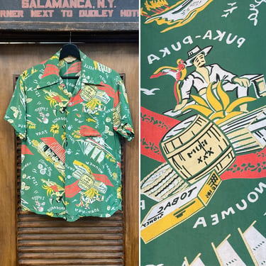 Vintage 1940’s Original Cartoon Tropical Trader Jon’s Print Rayon Hawaiian Shirt, 40’s Loop Collar, Vintage Clothing 