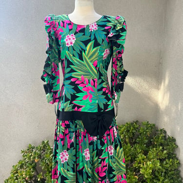 Vintage 80s midi dress tropical floral cotton ruffles NWT Sz 11/12 Medium By Go Vicki! 
