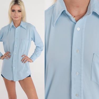 Blue Button Up Shirt 70s Oxford Shirt Light Blue Top Long Sleeve Collared Plain Basic Preppy Retro Vintage 1970s Montgomery Ward Mens Medium 