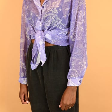 Vintage Purple Sheer Paisley Floral Print Long Sleeve Shirt Blouse / Large Oversize 