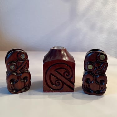 Vintage New Zealand Wooden Tiki Holders Toothpick Match Holder Vase | Hand Carved Wooden Tiki Figurine | Tiki Container Mixed lot of 3 