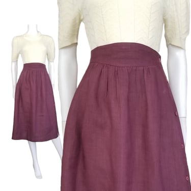Vintage Linen Skirt, Small / Side Button Skirt / Day Skirt with Side Pocket / 1980s Dark Cottagecore Skirt / Basque Waist Linen Market Skirt 