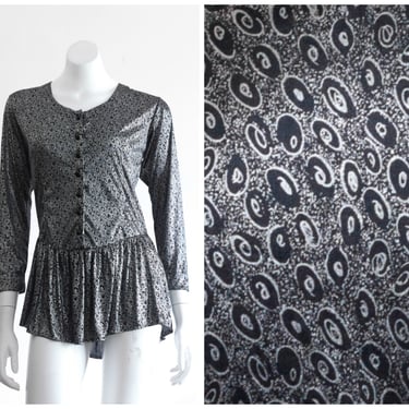 1980s Silver and Black Lame Blouse with Peplum 