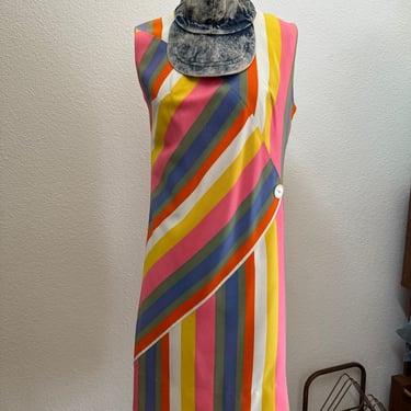 Vintage 50s Vertical & Horizontal Striped Cotton Rainbow Mini Dress; 60s Boldy Colored Swimsuit Cover up; 70s Striped Lounge/Vacation Dress 