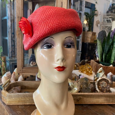 1960s red straw beret, vintage millinery, mod style, hat with flower, union made, mid century fashion, avant garde 