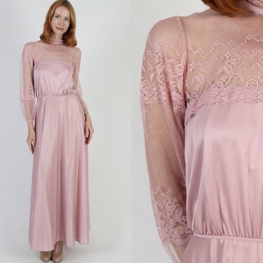 Long Light Pink Grecian Goddess Dress / Vintage 70s Embroidered Lace Gown / Sheer Floral Blush Medieval Maxi Dress 