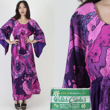 Waltah Clarkes Hawaiian Shops Kimono Dress, Designer Hawaii Angel Sleeve Maxi, Vintage 70s Tropical Luau Tiki Costume M 