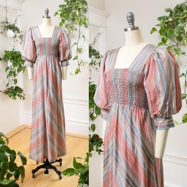 Vintage 1970s Maxi Dress | 70s does 1930s Striped Puff Sleeve Rayon Pink Blue Shirred Fit and Flare Art Deco Party Gown | x-small/small 