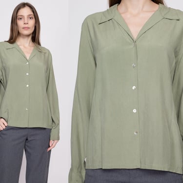 90s Sage Green Silk Blouse - Extra Large | Vintage Minimalist Long Sleeve Button Up Collared Shirt 