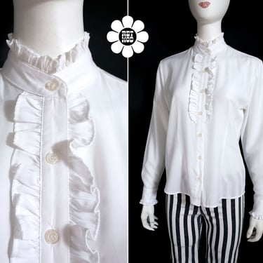 Lovely Vintage 70s 80s White Ruffle Collar Long Sleeve Blouse 