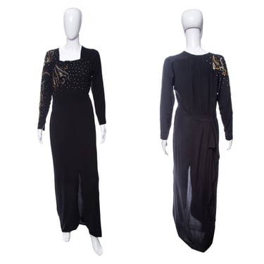 1940's Black Long Sleeve Bead and Rhinestone Detail Gown Size M/L