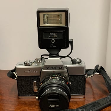 Vintage Minolta SRT-201 with Flash, Two Lenses, and Case 