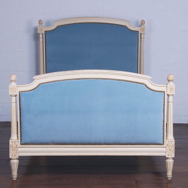 Antique French Louis XVI Style Painted Twinsize Bedframe W/ Blue Velvet 
