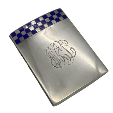 1910's Sterling Silver Cigarette Case w/ Cobalt Blue Enameled Checker Pattern 