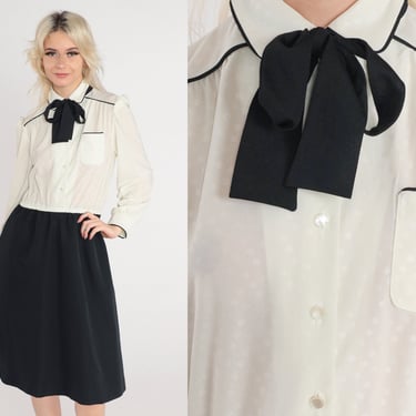 80s Secretary Dress Black Off-White Puff Sleeve Dress Ascot Necktie Mini Shirtdress Polka Dot Dress Collar High Waist 1980s Vintage Small S 