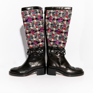 CHANEL Black Leather Purple/Blue/White Tweed Boot