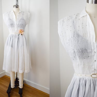 Vintage 1950s Sheer Gauze Dress | S/M | 1940s / 1950s White Organza Dress with Pearls and Rhinestones 