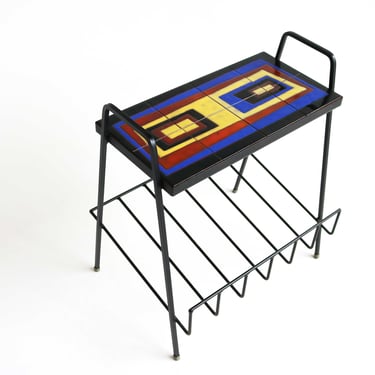 Juliette Belarti Style Vintage Handmade Tile Top Iron Magazine Rack 50s Funky Magazine Holder Retro Side Table Mid Century Newspaper Rack 