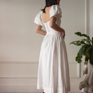 1980s Laura Ashley White Cotton Puff Sleeve Dress 