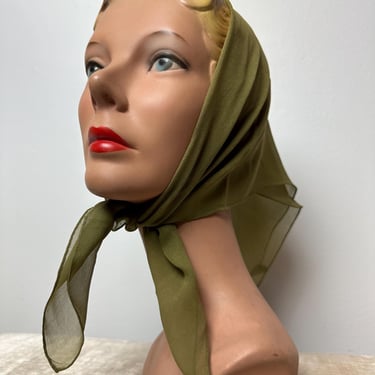 1960’s All Silk Vera Scarf~ sheer crepe silken hand rolled scarves neckerchief bandanna style square~ olive green color 