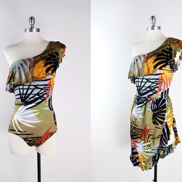 80s Tropical One piece Swimsuit and Matching Skirt / 70s Resort Swimwear /Off Shoulder Swimsuit Set/  Size XS/S 