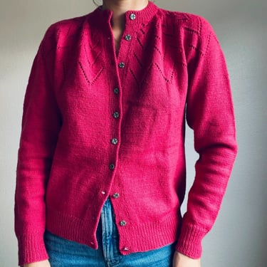 Vintage Womens Handmade Hand Knit Pink Wool Blend Feminine Cardigan Sweater Sz M 