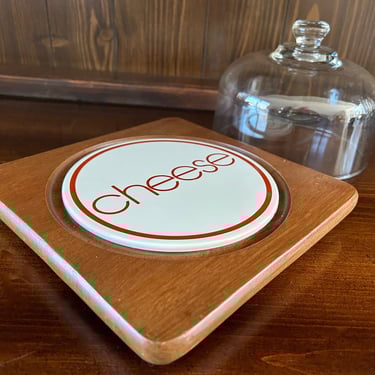 1970s Typography Domed Cheese Cloche, Cheese Board; Goodwood Cheese Cloche;  Vintage Teak Cheese Board 