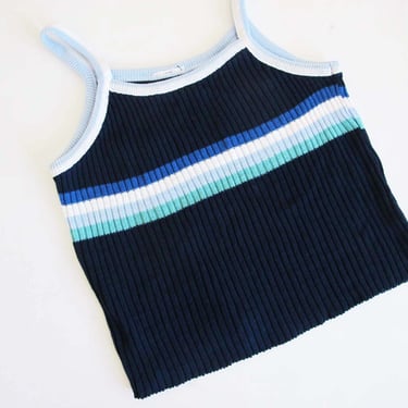 Vintage 2000s Ribbed Knit Spaghetti Strap Tank Top S M - Y2K Navy Blue White Striped Womens Sleeveless Top 