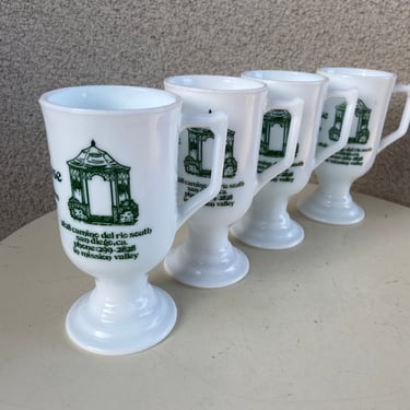 Vintage Lehr’s Greenhouse Restaurant glass milk pedestal mugs set 4 holds 8 oz. size 5.5” x 2.5” 
