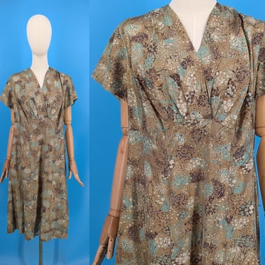 Vintage Fifties Edith Martin Medium Rayon Print Short Sleeve Dress - 50s Floral Print Medium Dress 